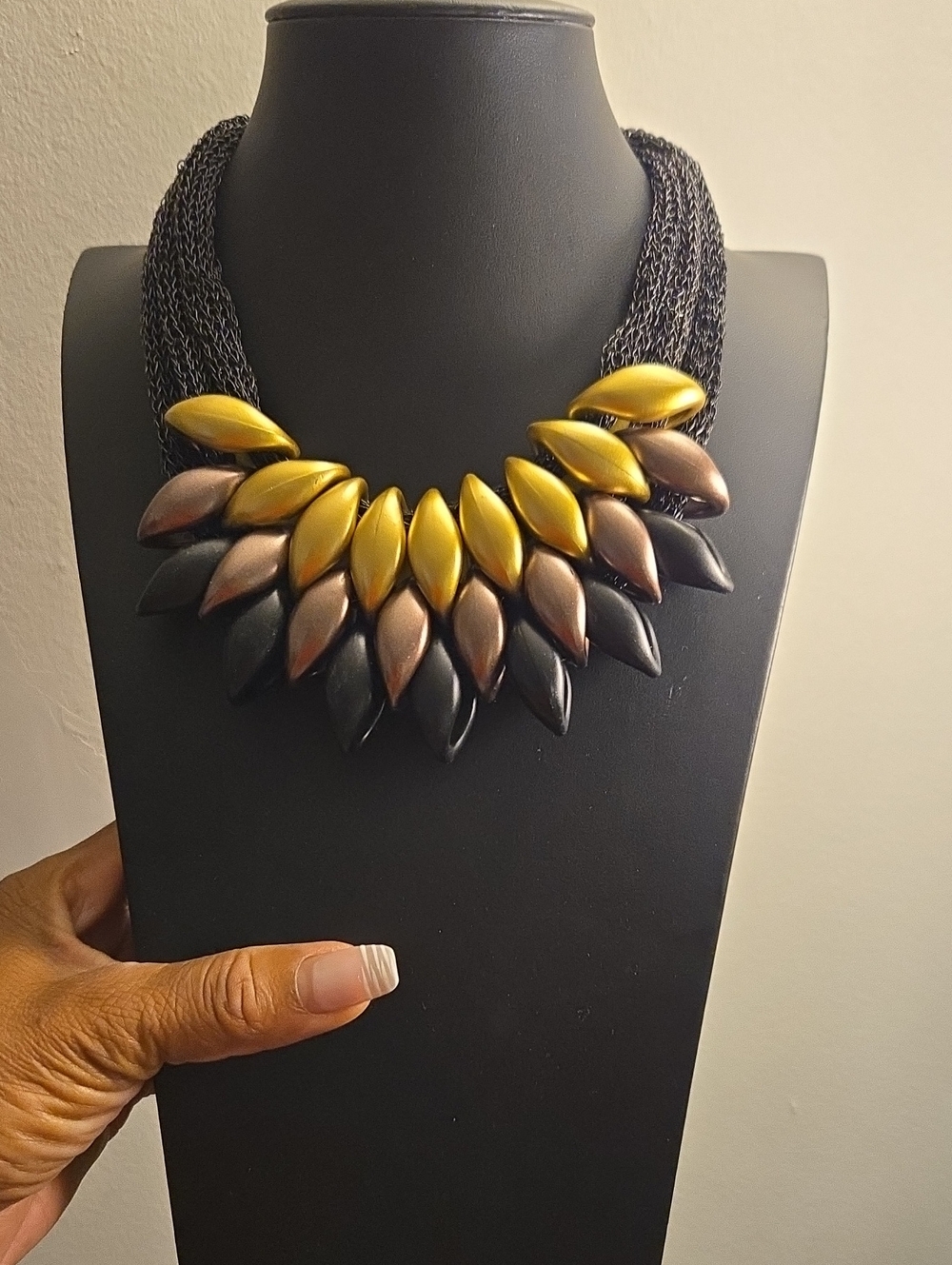 Bold Multistrand Statement Necklace in Gold, Bronze, and Black